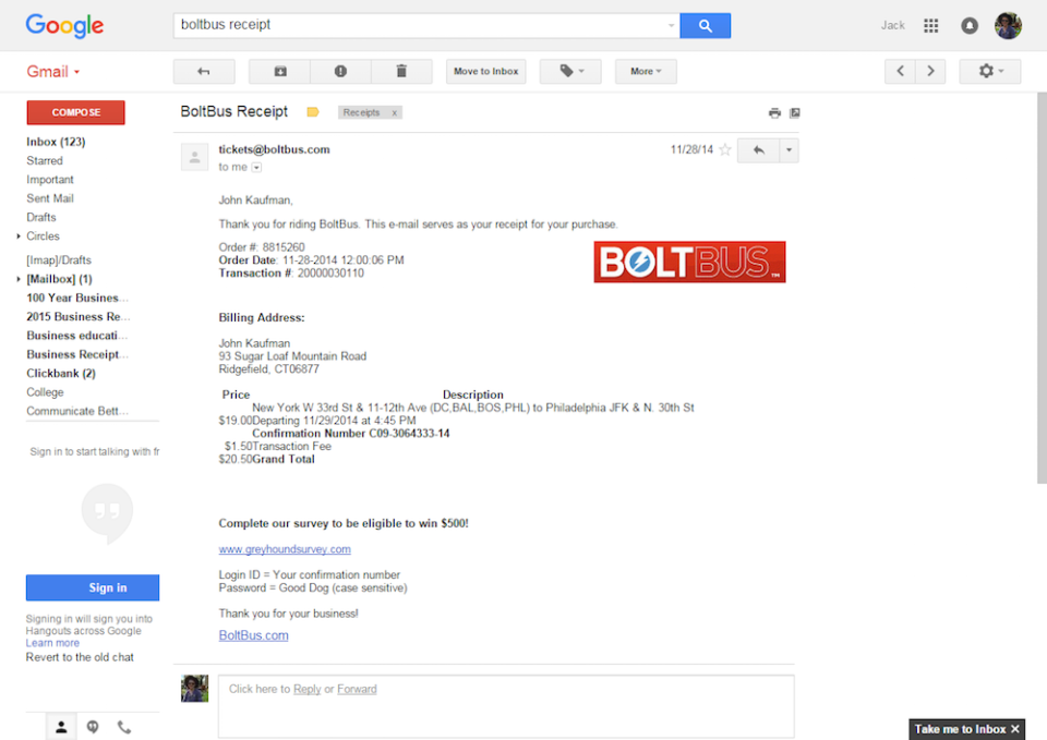 A screenshot of the receipt for BoltBus.