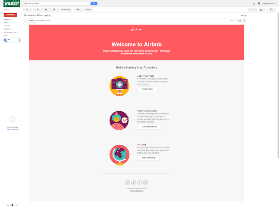 A screenshot of the AirBnB welcome email template.