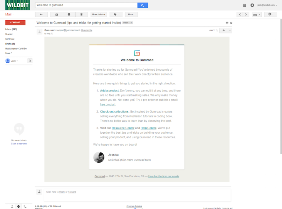 A screenshot of the Gumroad welcome email template.