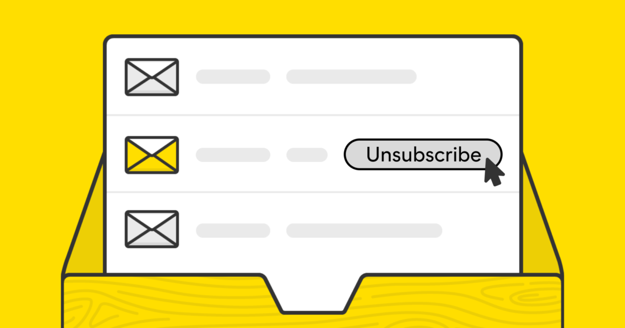 illustrated graphic of unsubscribing from a mail list from within a wooden letter inbox