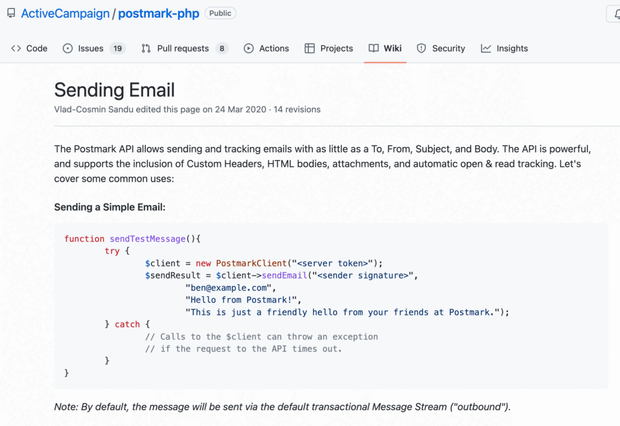 Postmark's API instructions for sending emails