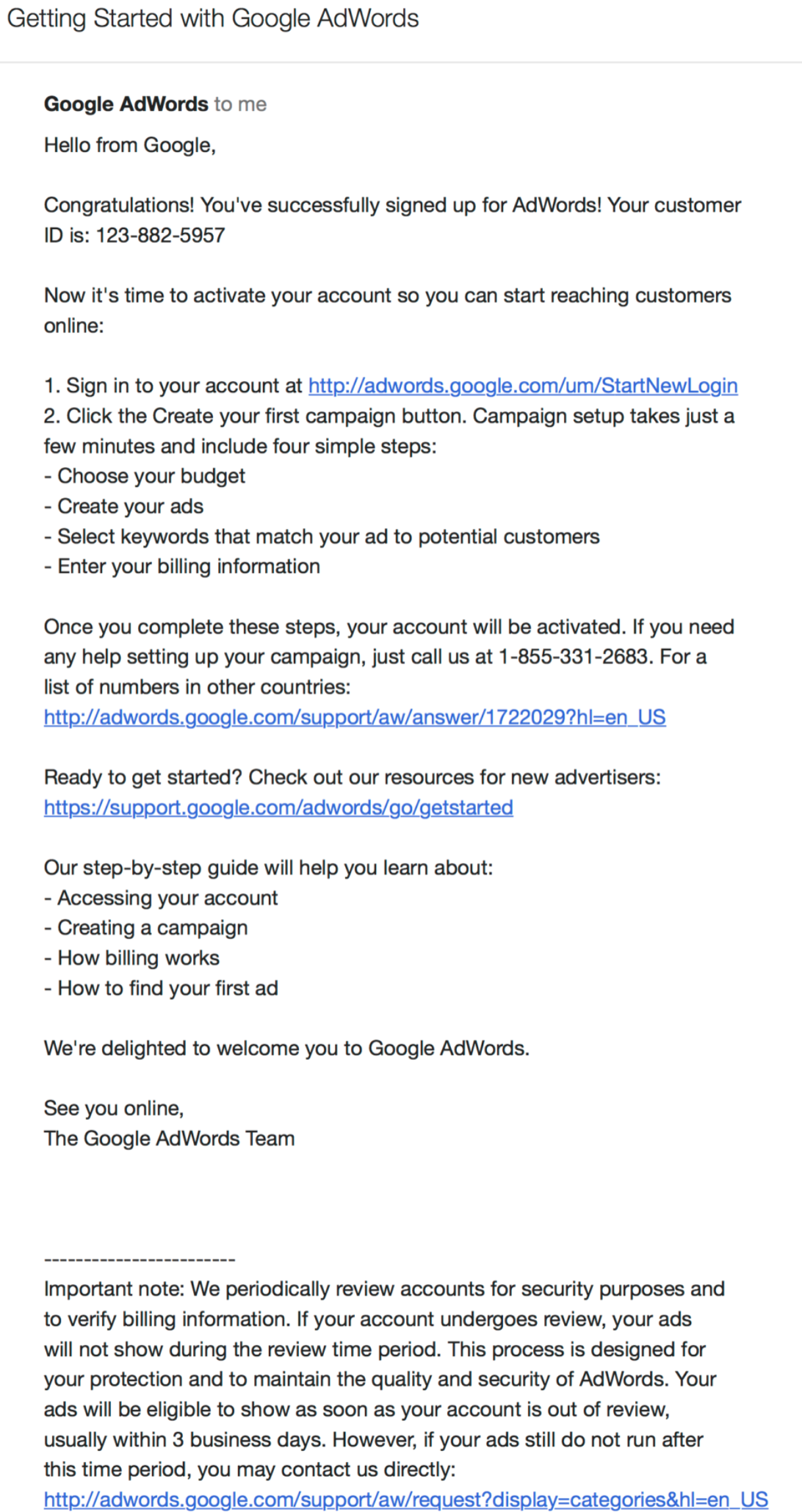 Screenshot of an AdWords welcome email
