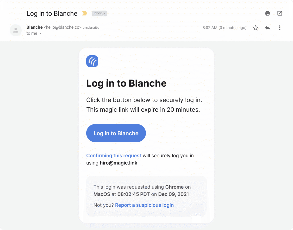 An example of transactional email that helps manage user login via a magic link