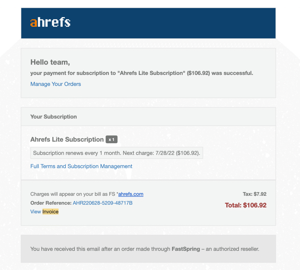 An example of transactional email directly tied to a payment (invoice + downloadable receipt)