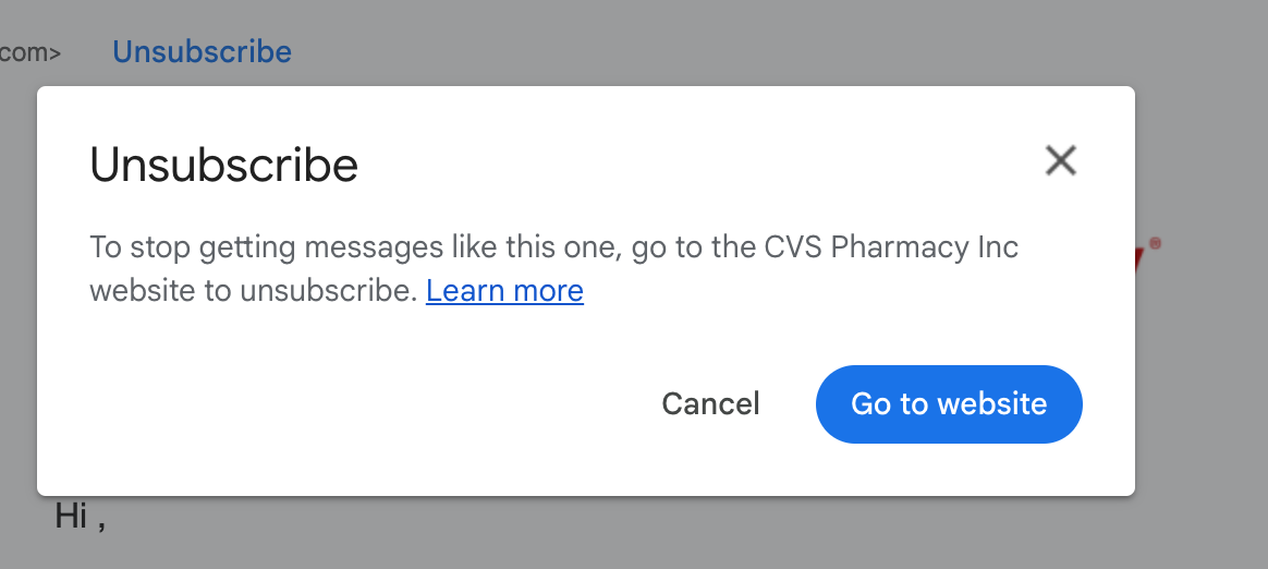 pop-up modal within Gmail inbox to unsubscribe from an email by visiting the website