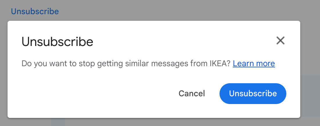 pop-up modal within Gmail inbox to unsubscribe from an email via the one-click method