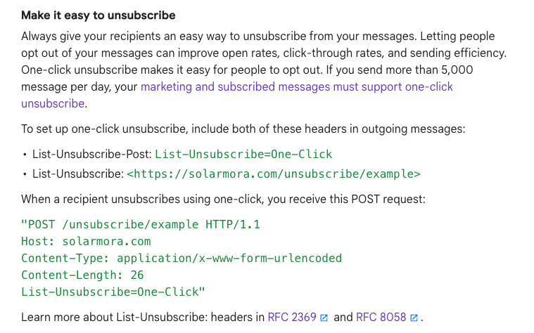 screenshot of Gmail's unsubscribe guidelines for senders