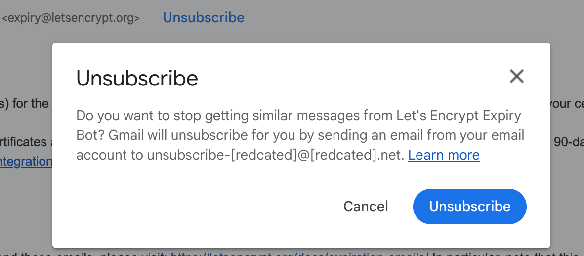 pop-up modal within Gmail inbox to unsubscribe from an email via the mail-to method