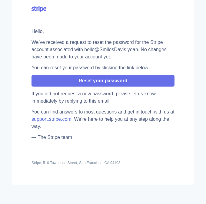 A screenshot of Stripe's password reset email.