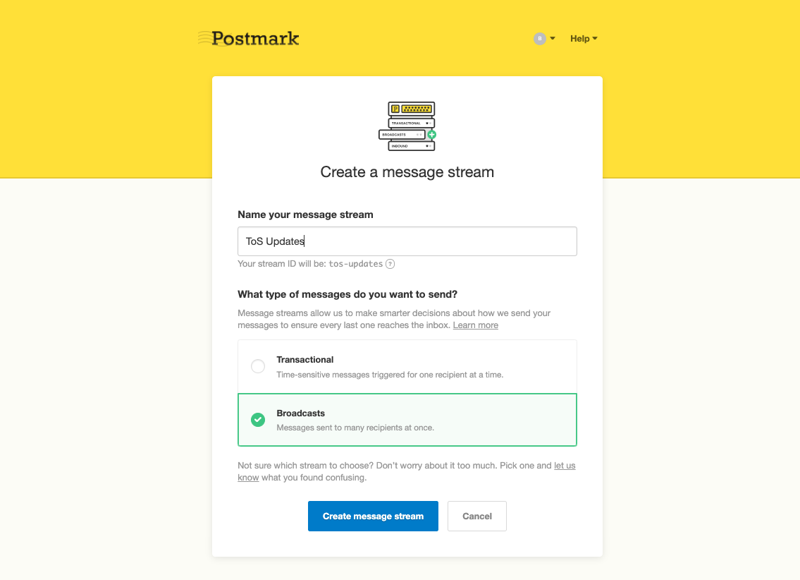 Setting up a Message Stream for your ToS emails in Postmark