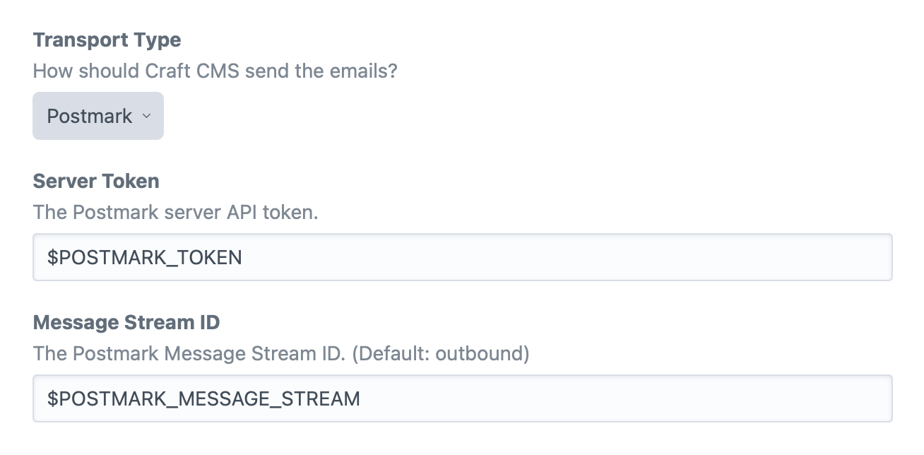 Screenshot: How to choose Postmark as your default email service in Craft CMS