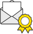 Illustration: An open envelope behind a yellow rosette
