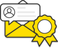 Illustration: An open envelope with a speech bubble and rosette