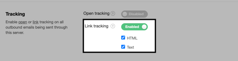 Screenshot of link tracking setting from settings tab.
